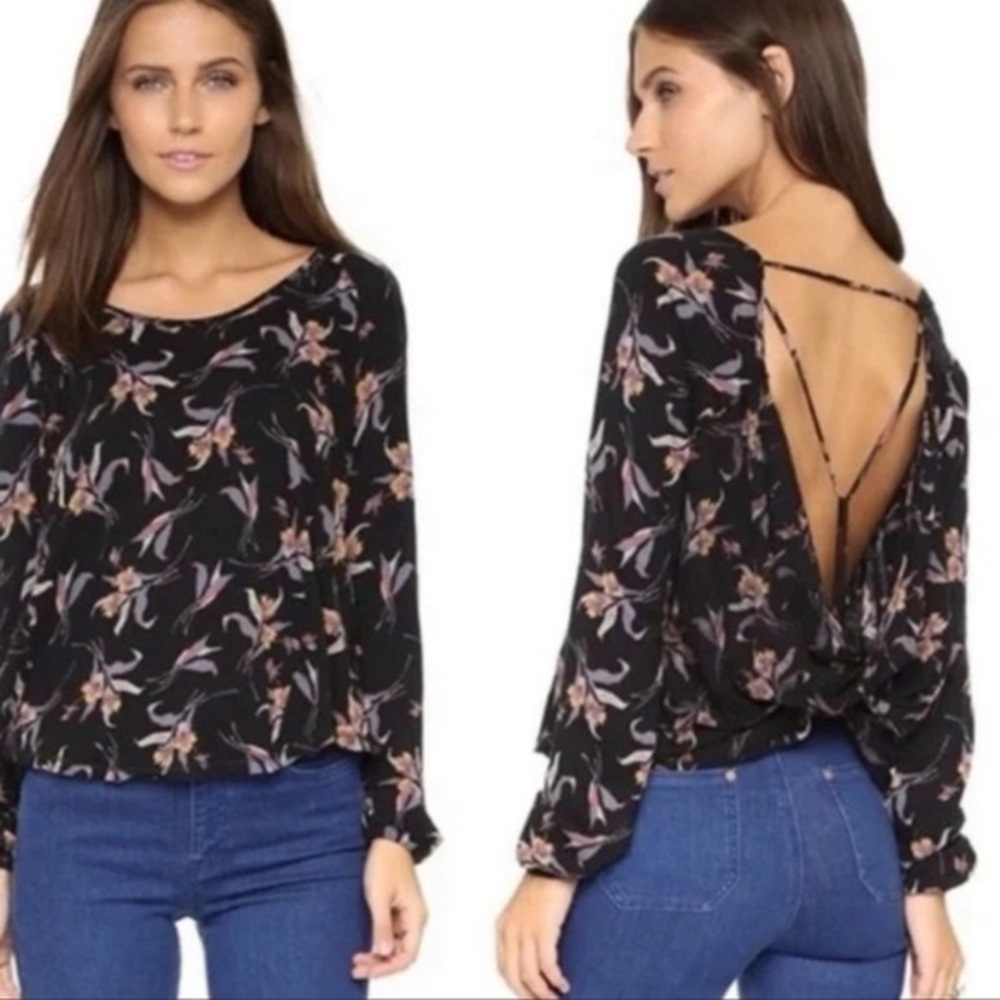 Free People Elsa Floral Print Cotton Modal Open Draped Twisted Back Shirt